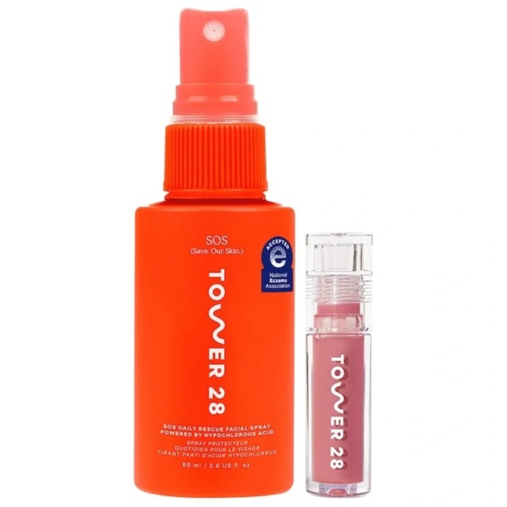 Tower 28 Facial Spray & Lip Gloss Set - Vibrant Orange Bottle with Pink Gloss